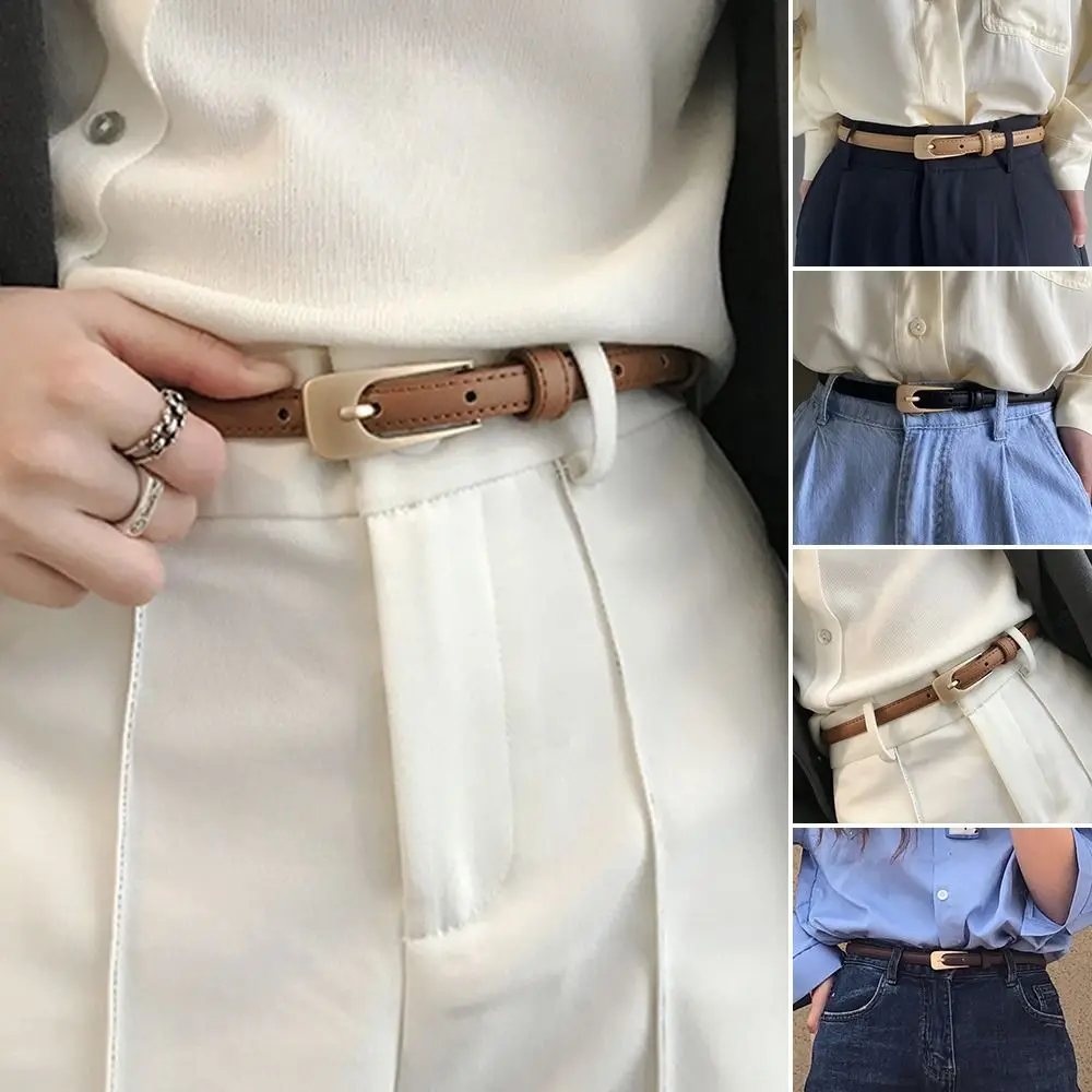 

Women Casual Vintage Luxury Design Leather Belt Thin Waist Strap Metal Buckle Waistband Trouser Dress Belts