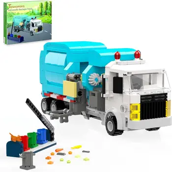 쓰레기 트럭 빌딩 세트, 재활용 트럭 빌딩 키트, 4 개의 분류통 및 팁 플랫폼, 이동식 쓰레기 트럭 장난감 선물