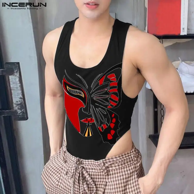 

INCERUN Men Bodysuits Printing O-neck Sleeveless Fitness Sexy Fashion Rompers Tank Tops Streetwear 2023 Cozy Male Bodysuit S-5XL