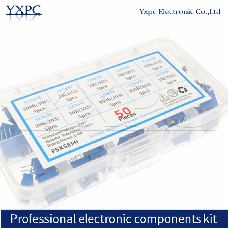 10values*5pcs=50pcs 3296W Trimmer Potentiometer Kit High Precision 3296 Variable Resistor 500R 1K 2K 5K 10K 20K 50K 100K 200K 1M
10values*5pcs=50pcs 3296W Trimmer Potentiometer Kit High Precision 3296 Variable Resistor 500R 1K 2K 5K 10K 20K 50K 100K 200K 1M