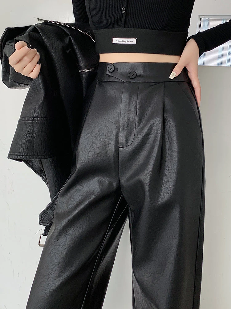 High Waist Causal Leather Pants for Women 2 Button Zipper Up PU Pants Black Fall Straight 2023 New Streetwear Trousers Black
High Waist Causal Leather Pants for Women 2 Button Zipper Up PU Pants Black Fall Straight 2023 New Streetwear Trousers Black