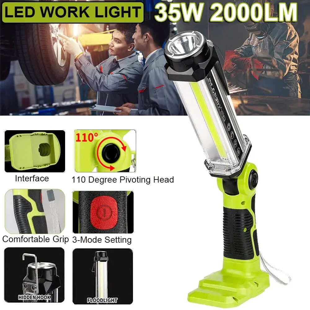 

2000LM LED Work Light Compatible with Ryobi 18v Battery 35W Flashlight for Camping Car Repairing Emergency and Job Site Lighting