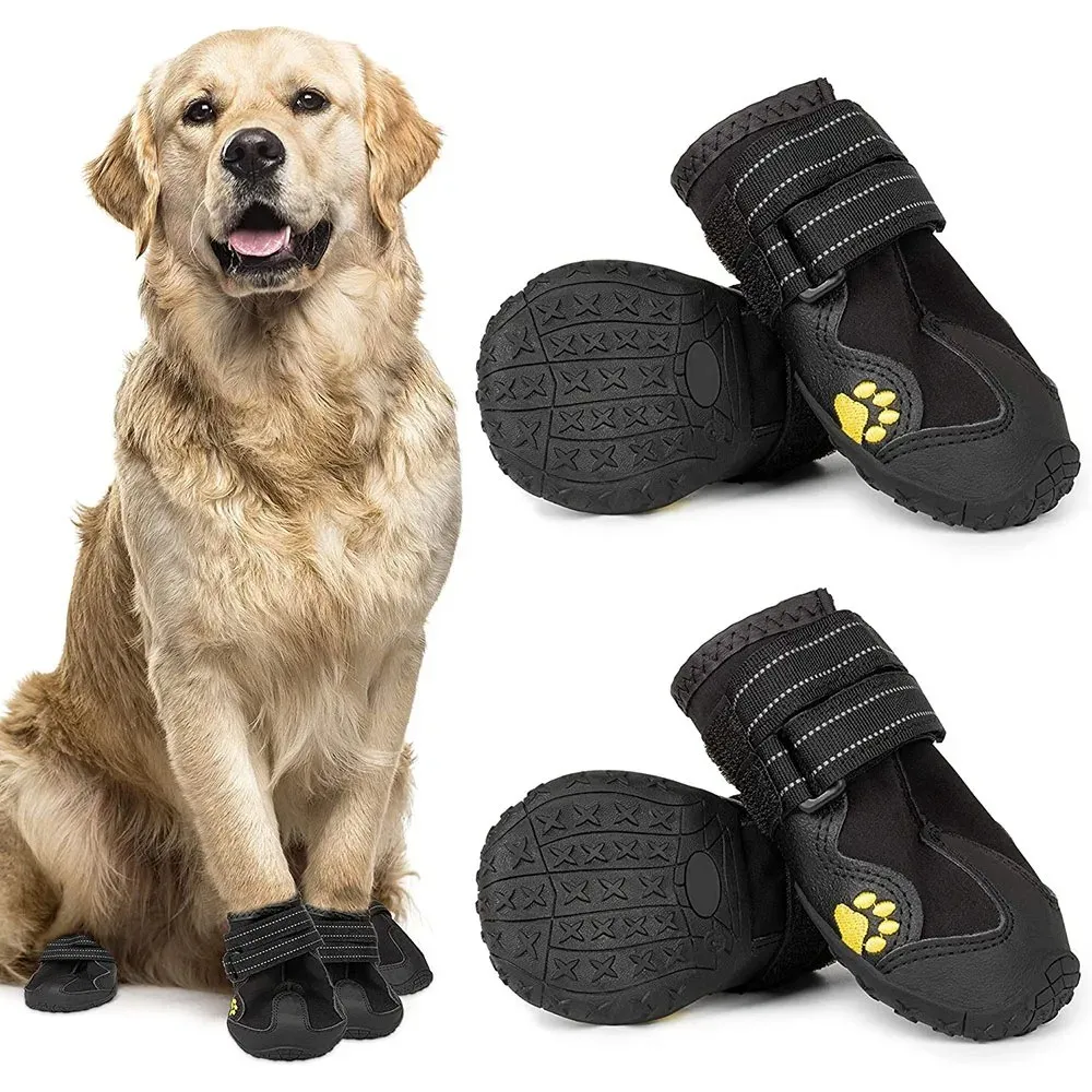 Dog Shoes | Waterproof Anti-Slip Rubber Dog Booties A marketing image featuring a happy Golden Retriever sitting and wearing the black dog shoes. To the right, two larger inset images show the shoes