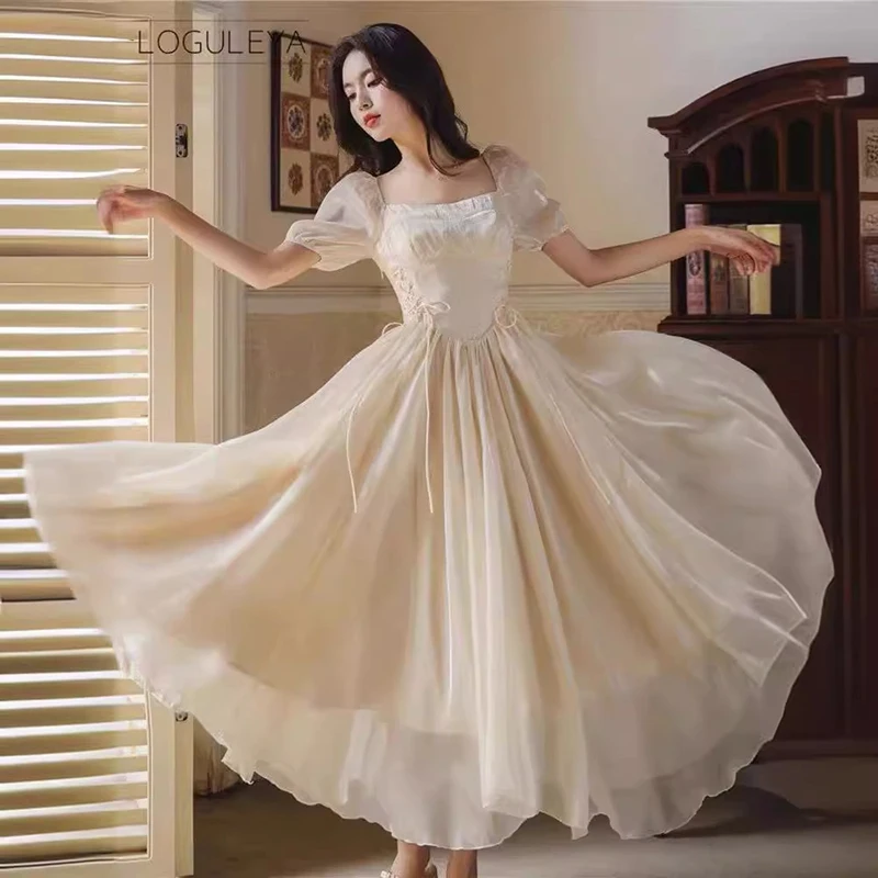 

Fashion Simple Wedding Bridesmaid Dresses Summer Slim Square Neck Short Sleeved Princess Dress Women Solid Birthday Party Gowns
