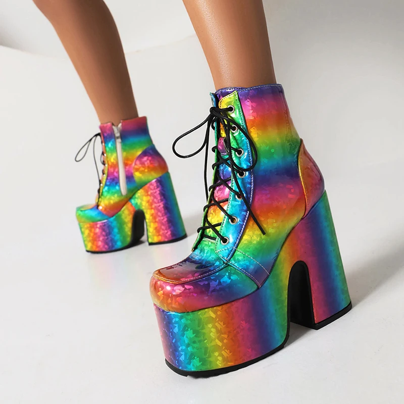 Women's Boots Rainbow Glossy Patent Leather Super Platform Fashion Short Boots Square Toe Super Chunky Heel Punk Style Bat Print
Women's Boots Rainbow Glossy Patent Leather Super Platform Fashion Short Boots Square Toe Super Chunky Heel Punk Style Bat Print
