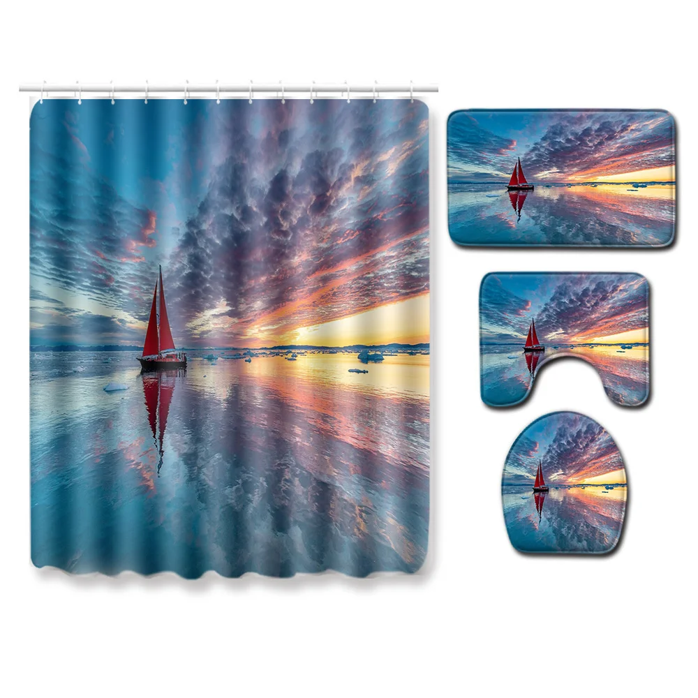 

Sunset Sailing landscape Shower Curtain Combination Set Bathroom Carpet Toilet Seat mat Shower Curtain Decoration Set