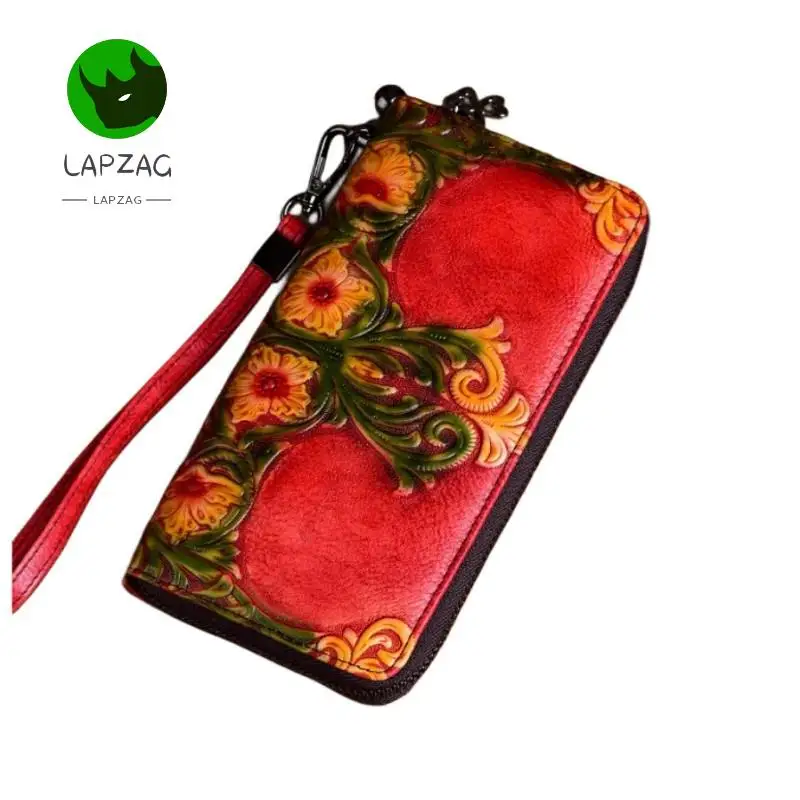 

Lapzag colored Floral Leather Women's Wallet Long Clutch Bag Cowhide card holder purse Retro Embossed cell phone bags for ladies