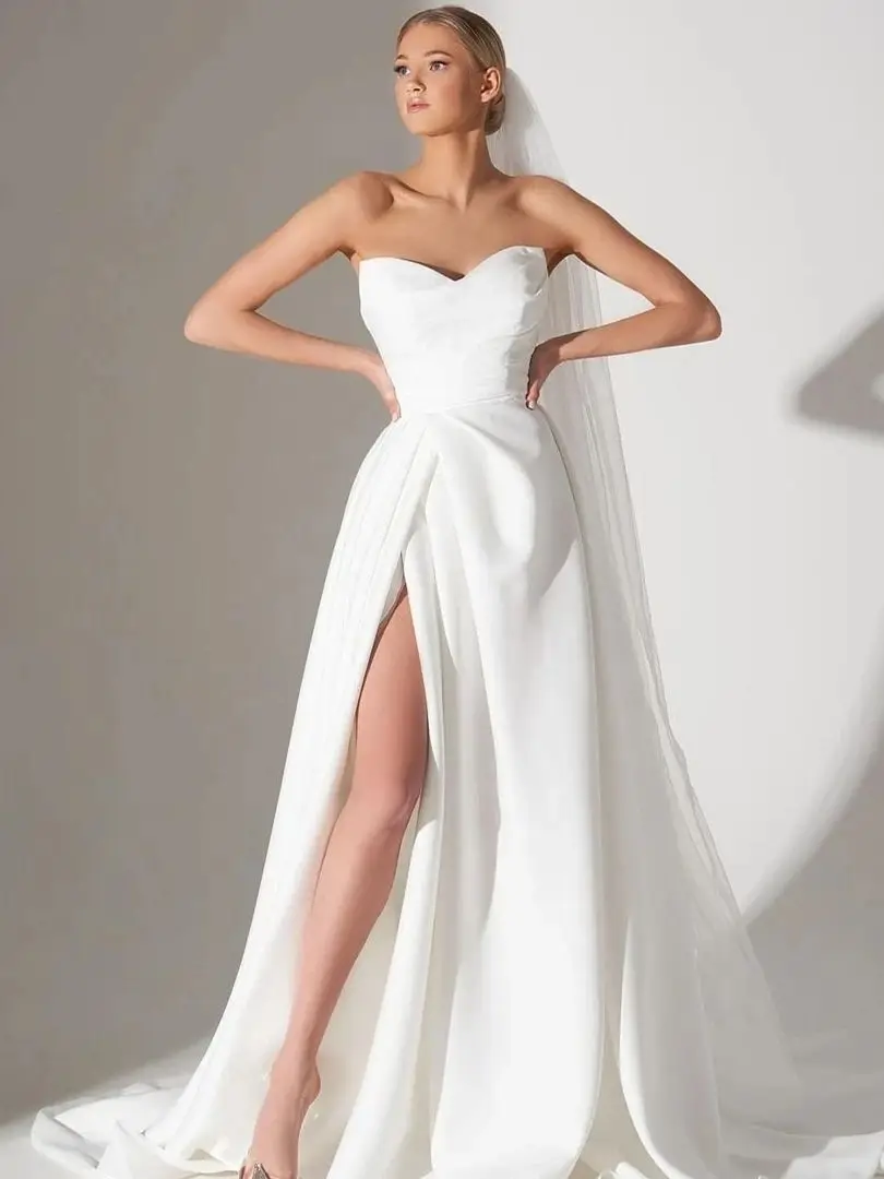 Simple Sweetheart Wedding Dresses Draped Sexy Side Slit Satin Ball Gowns Woman's Formal Bride Beach Party Vesti Dosde Fiesta
Simple Sweetheart Wedding Dresses Draped Sexy Side Slit Satin Ball Gowns Woman's Formal Bride Beach Party Vesti Dosde Fiesta