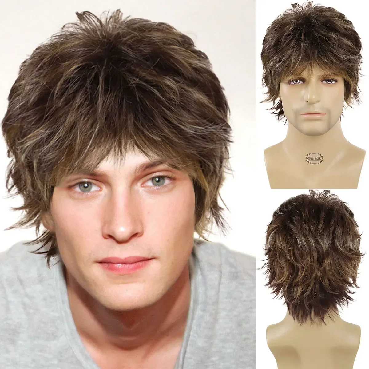 

GNIMEGIL Synthetic Cosplay Mix Brown Hair Short Wig for Man Fluffy Shaggy Layered Heat Resistant Halloween Carnival Party Wig