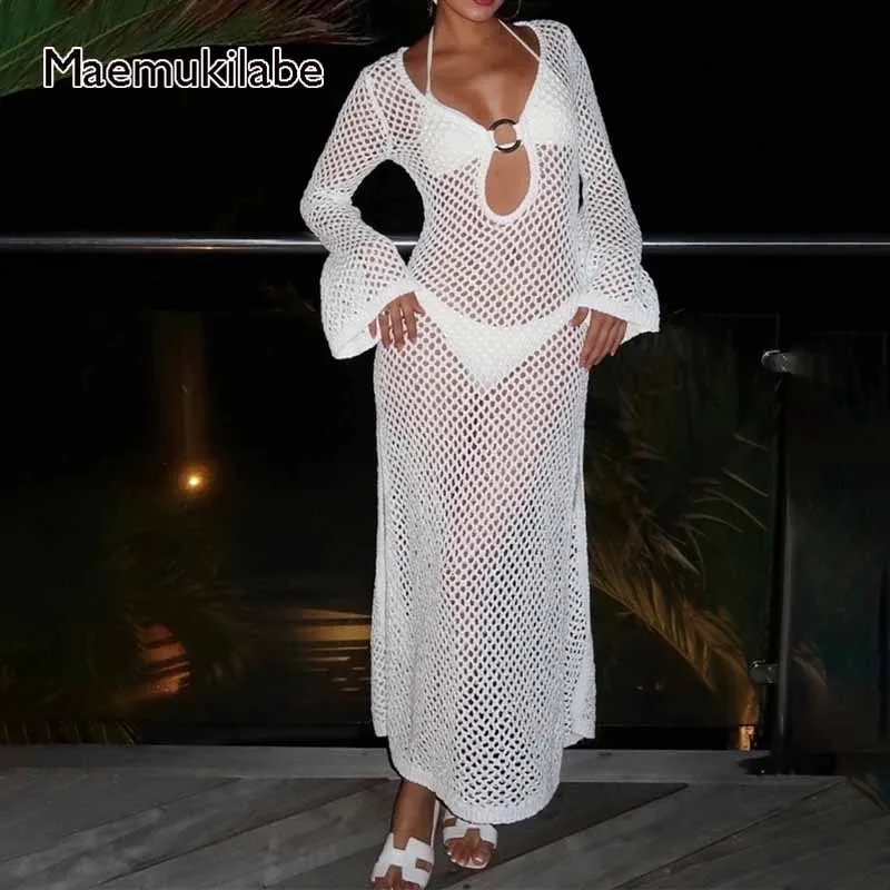 

Maemukilabe Beach Style Knitted Maxi Dress Bikini Cover Ups Crochet Cutouts Long Sleeves Split Long Dress Swimsuit Vacation