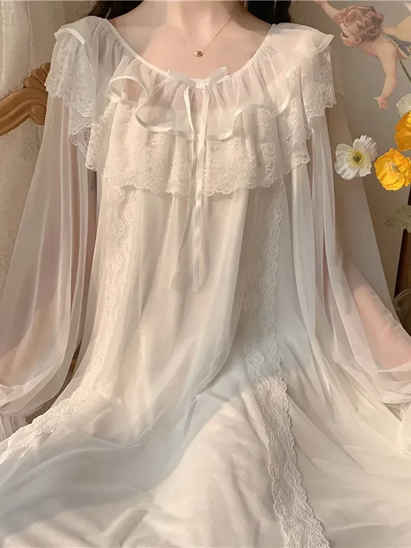 

Mesh Lolita Fairy Nightdress Lace Princess White Dress Victorian Women Night Vintage Nightgowns Ruffles Loungewear Sleepwear