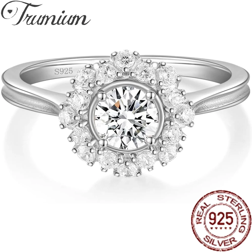 

Trumium 0.8CT 925 Sterling Silver Engagement Rings for Women Flower Round Cut Cubic Zirconia Halo CZ Wedding Band Promise Rings