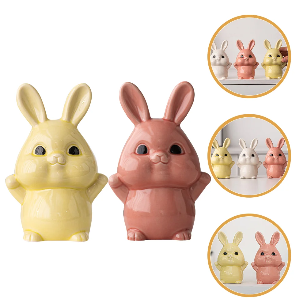 

2 Pcs Ceramic Rabbit Ornament Table Decor Statue Zodiac Bunny Figurines Dining Ceramics Decoration Statues Birthday for Girl