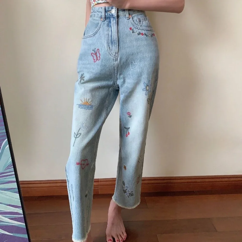 

High Waist Shot Pants for Women Pattern Straight Leg Trousers with Pockets Print Graphic Blue Womens Jeans Trend 2024 Cool Emo A