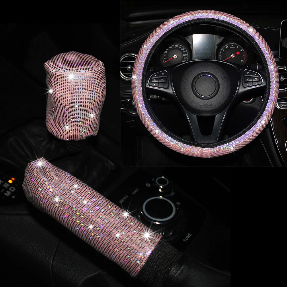 

3PCS Car Steering Wheel Cover Glitter Bling Handbrake Cover Gear Cover Pink For 37-38cm 14.56-14.96Inches Auto Part Four Season