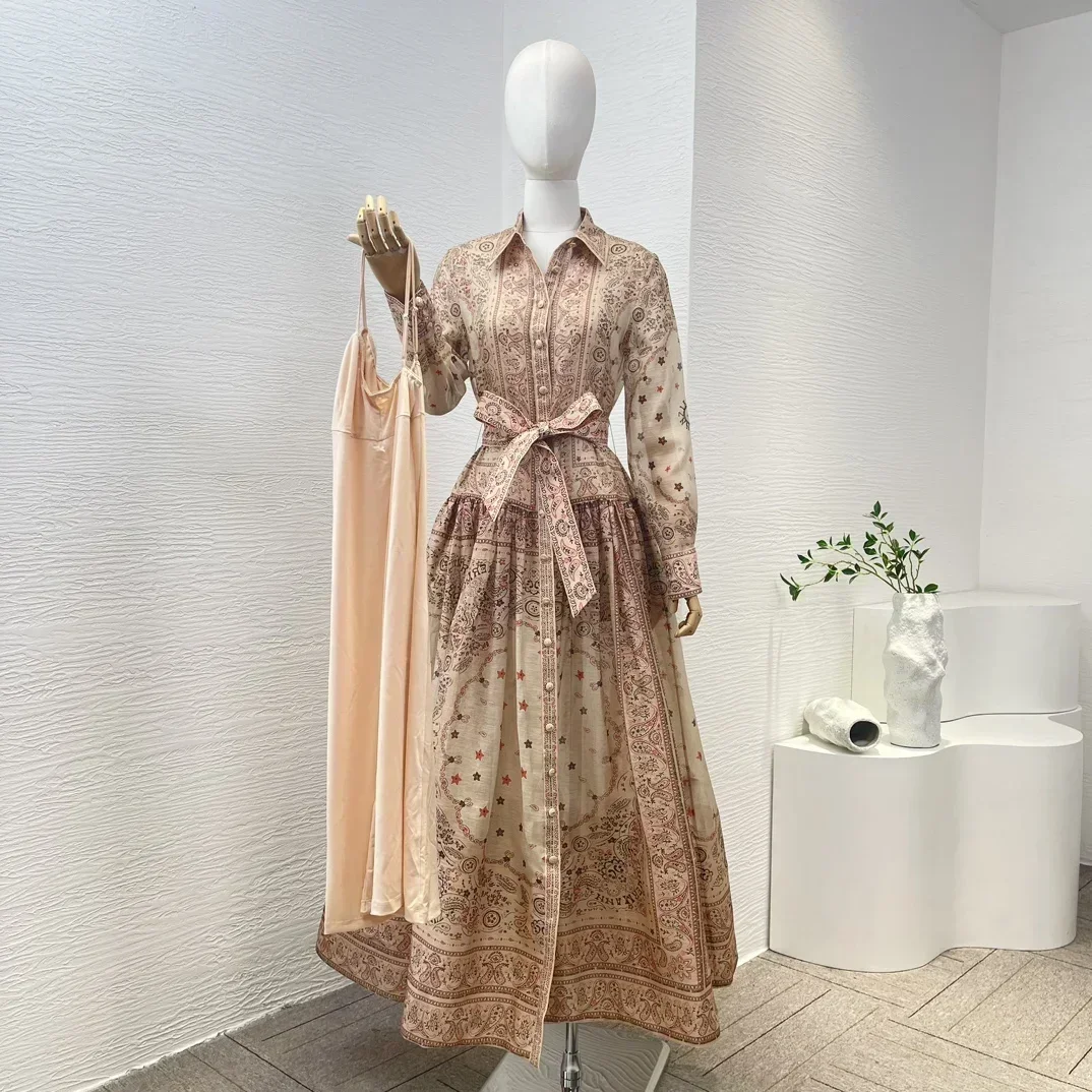 

2023 Spring Autumn Top Quality New Collection Linen Silk Blended Orange Paisley Printing Clasic Midi Dresses for Women