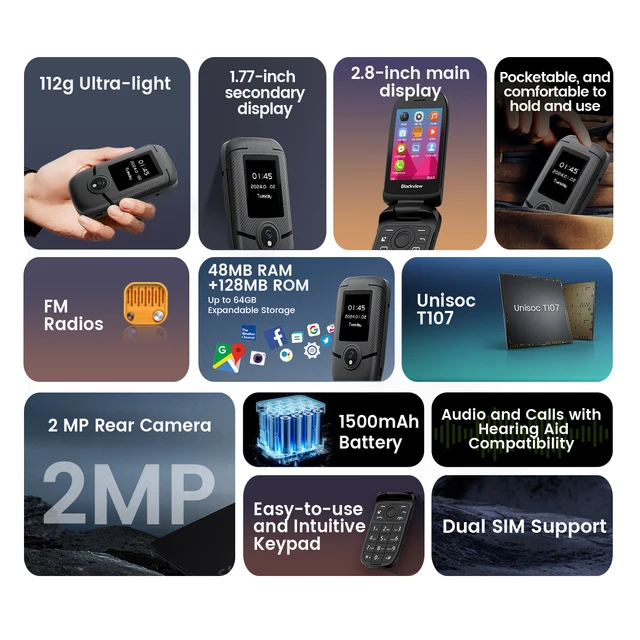 Blackview-Téléphone portable à rabat N2000, deux écrans, 2.8 pouces, appel rapide SOS, bouton poussoir plié 2