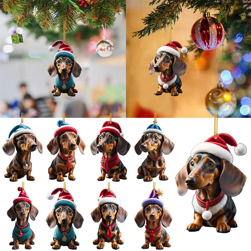 

Cartoon Cute Acrylic Christmas Dog Ornament Car Interior Accessories Mirror Hanging Charm Pendant For Home Christmas Tree Decora