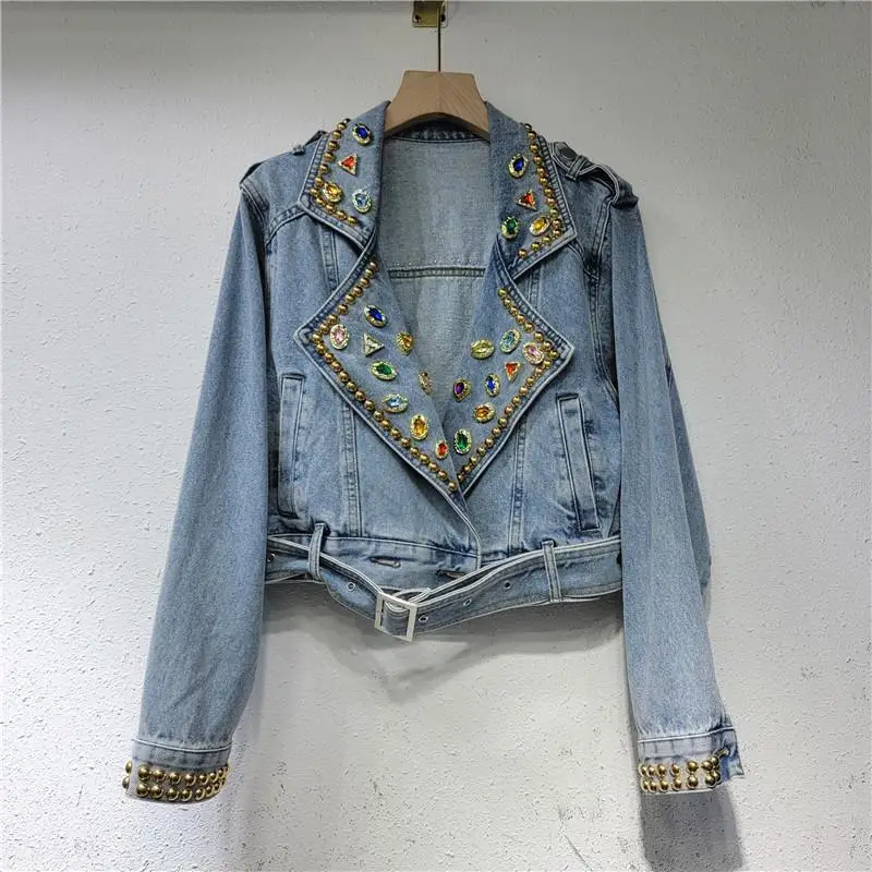 2023 Autumn New Diamond-Encrusted High-Waisted Slim Short Motorcycle Jacket Women's Fashion Denim Coat
2023 Autumn New Diamond-Encrusted High-Waisted Slim Short Motorcycle Jacket Women's Fashion Denim Coat
