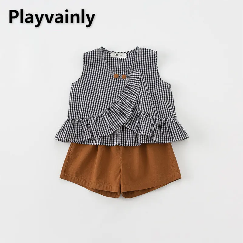 

New Summer Baby Girl Set Agaric Edge Black White Plaid Round Collar Sleeveless Top+Coffee Casual Shorts Infant Clothing E7212