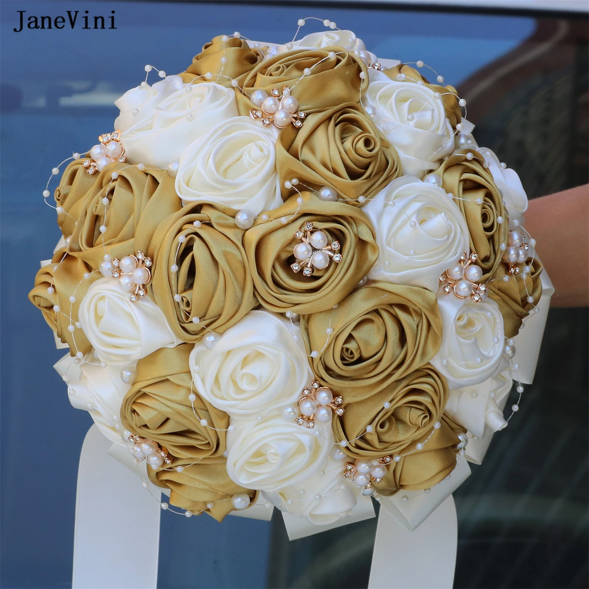 

JaneVini New Elegant Light Gold Ivory Flowers Bridal Bouquets with Pearls Artificial Satin Roses Wedding Bouquet Ramo Boda Novia