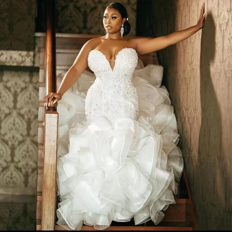Luxury Mermaid Wedding Dresses for Bride Sweet Heart Lace up Closure Cascading Ruffles Pearls Plus Size Women Bridal Gowns
Luxury Mermaid Wedding Dresses for Bride Sweet Heart Lace up Closure Cascading Ruffles Pearls Plus Size Women Bridal Gowns