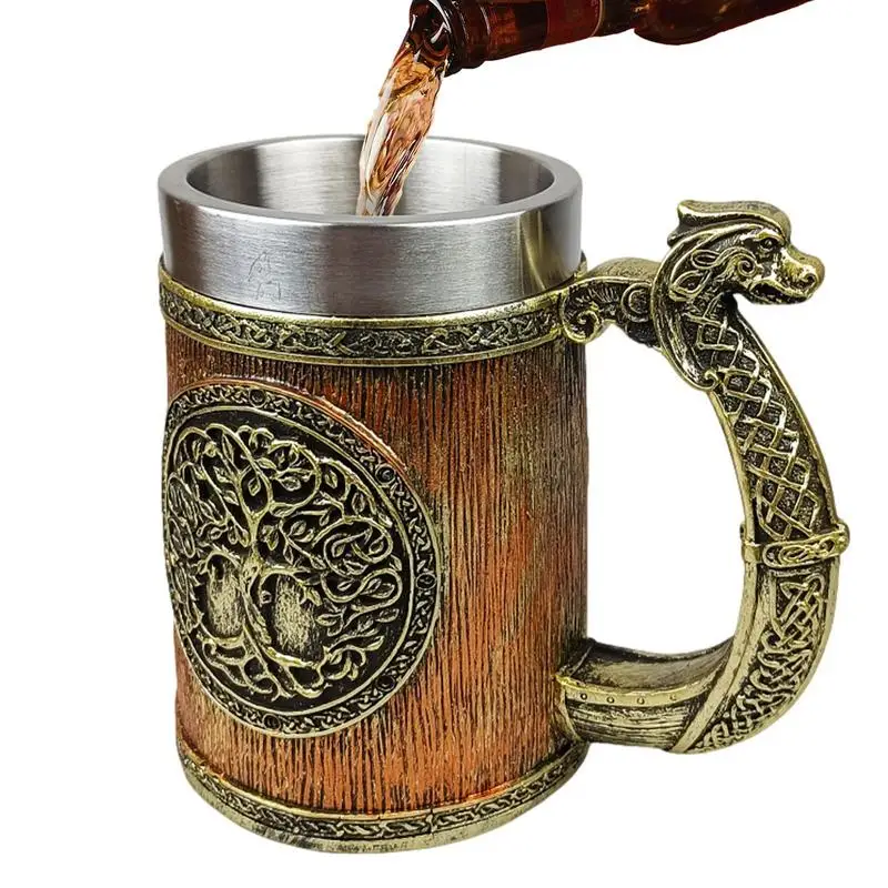 

600ml Beer Steins for Men Mock Wooden Barrel Design Beer Cup Food Grade Lining Medieval Mug with Comfortable Grip Pub Bar Decor