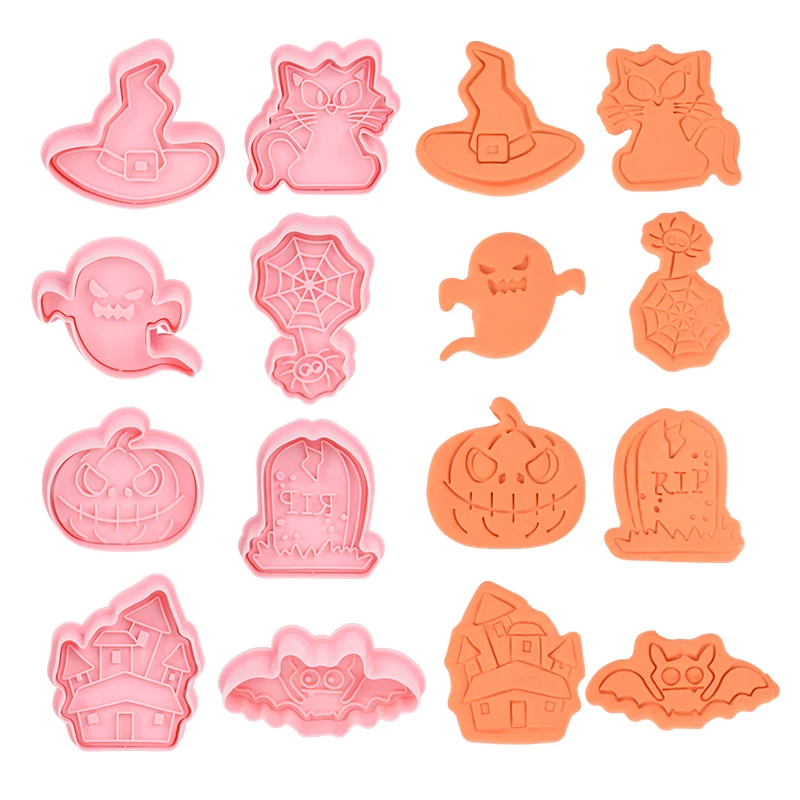 

8pcs Cartoon Cookie Cutters Set Halloween Pumpkin Ghost Bat Cat Fondant Stamp Biscuit Embosser Mold Baking Cake Decorating Tools