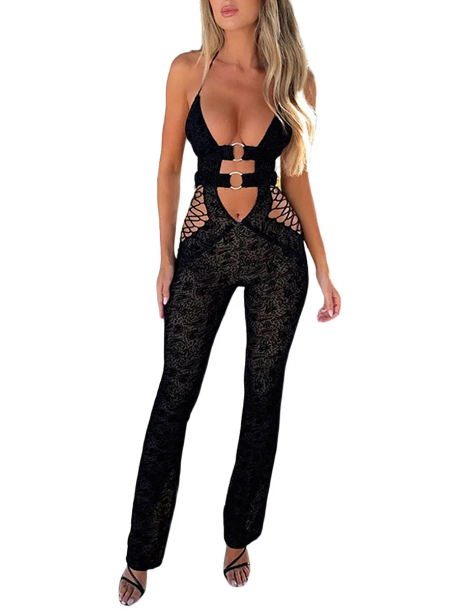 

Sheer Lace Jumpsuit for Women Sexy See Through Cutout Mesh Bodycon Romper Bodysuits Party Clubwear