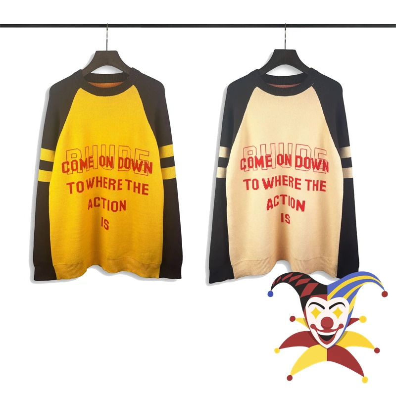 COME ON DOWN TO WHERE THE ACTION IS RHUDE Jacquard Sweater Men Women Raglan Sleeve Knit Sweatshirts
COME ON DOWN TO WHERE THE ACTION IS RHUDE Jacquard Sweater Men Women Raglan Sleeve Knit Sweatshirts