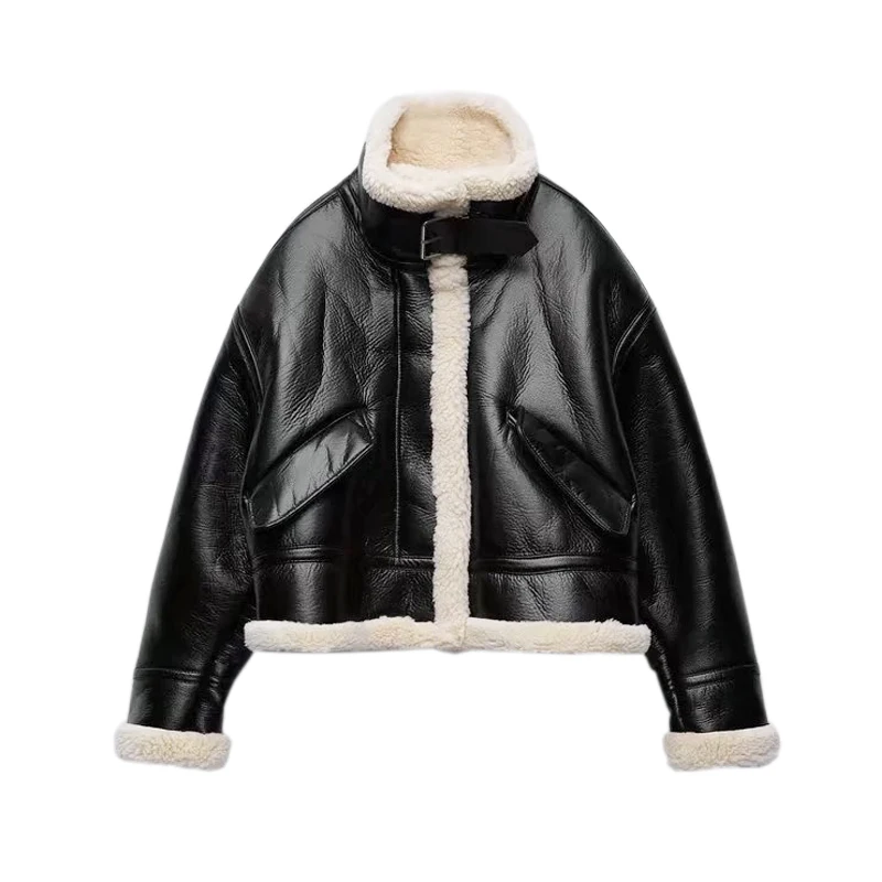 New Streetwear Women's Leather Jacket Fashion Motorcycle Lamb Wool Black Coat with Fur Fleece Faux Leather Jacket Female Top
New Streetwear Women's Leather Jacket Fashion Motorcycle Lamb Wool Black Coat with Fur Fleece Faux Leather Jacket Female Top