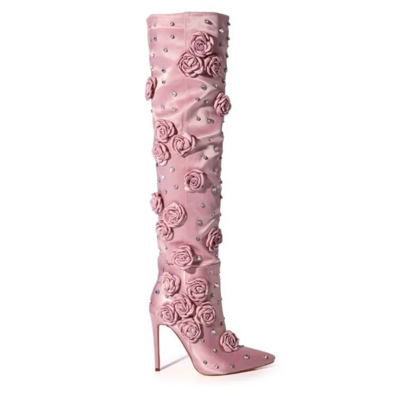 Sweet Pink Rose Flower with Rhinestone Silk Knee Boots Pointed Toe Thin High Heels Women Zipper Side Runway Boots
Sweet Pink Rose Flower with Rhinestone Silk Knee Boots Pointed Toe Thin High Heels Women Zipper Side Runway Boots