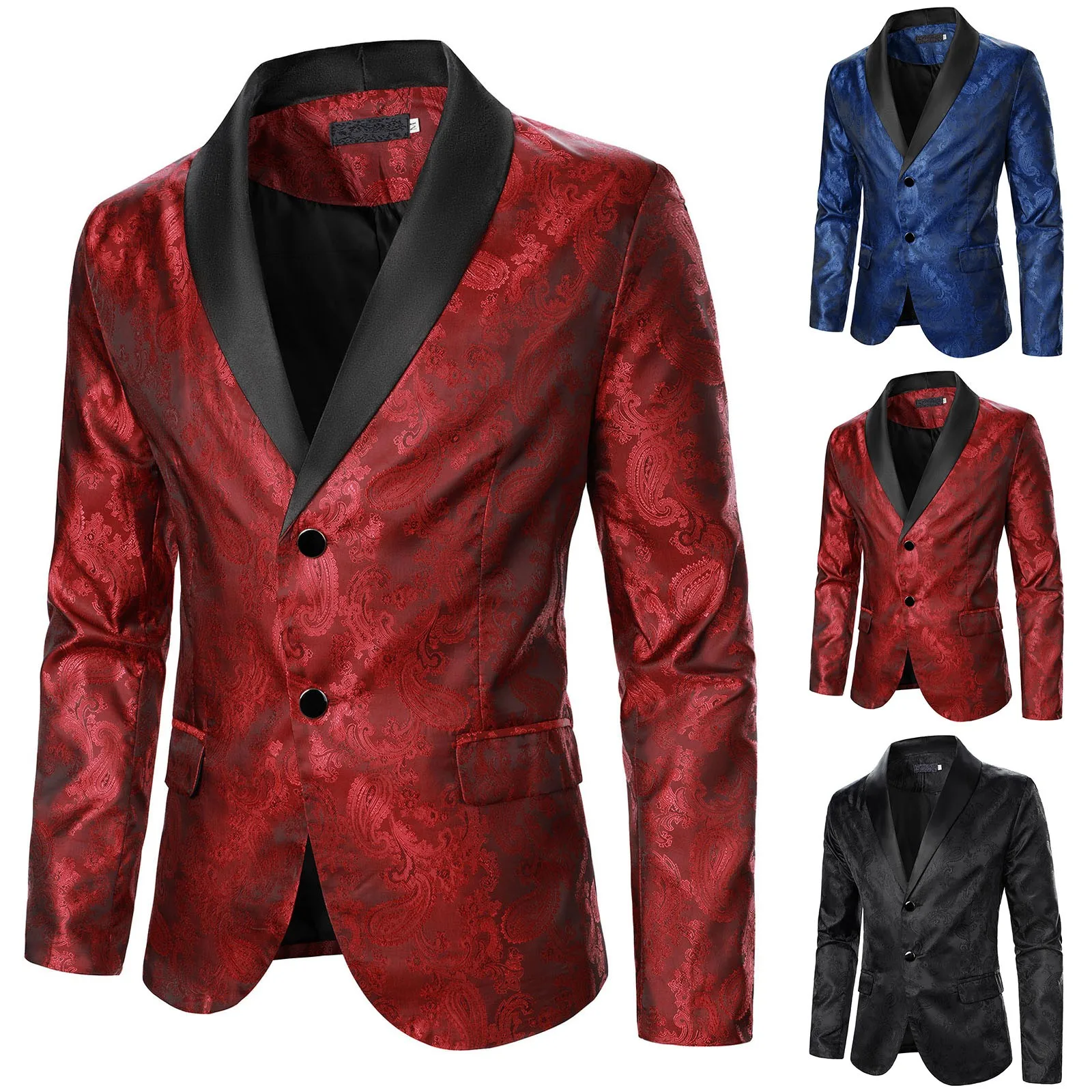 

Men Suit Coat Rose Pattern Bright Jacquard Fabric Contrast Color Collar Party Luxury Design Causal Fashion Slim Fit Men Blazer