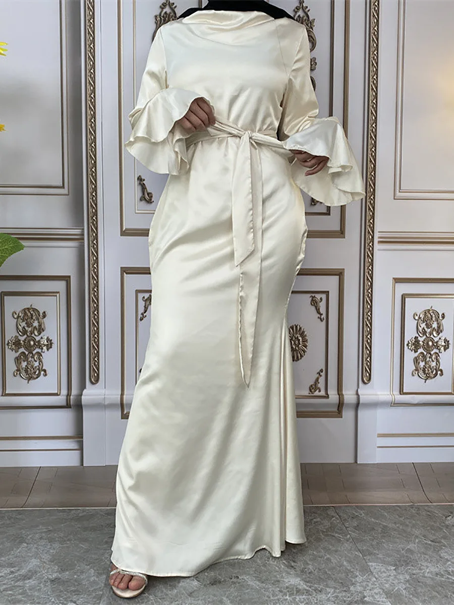 

Ramadan Satin Abayas for Women Flare Sleeve Belted Bodycon Maxi Dress Muslim Dubai Turkey Kaftan Eid Islamic Clothing Abaya Robe