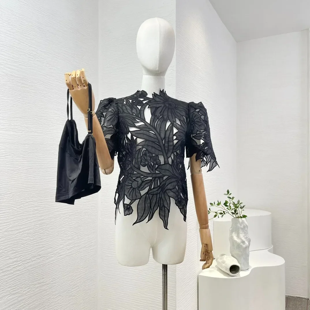 

Женская винтажная блузка с коротким рукавом, белая блузка с цветочной вышивкой из рами, топы, 2024