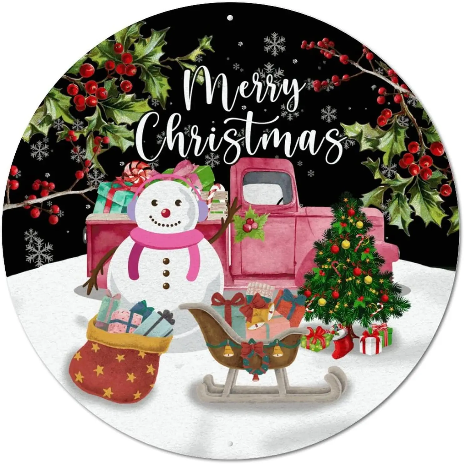 

Round Metal Sign Plaque Merry Christmas Snowman And Santa Circle Wreath Sign Vintage Home Room Sign Plaque Rustic