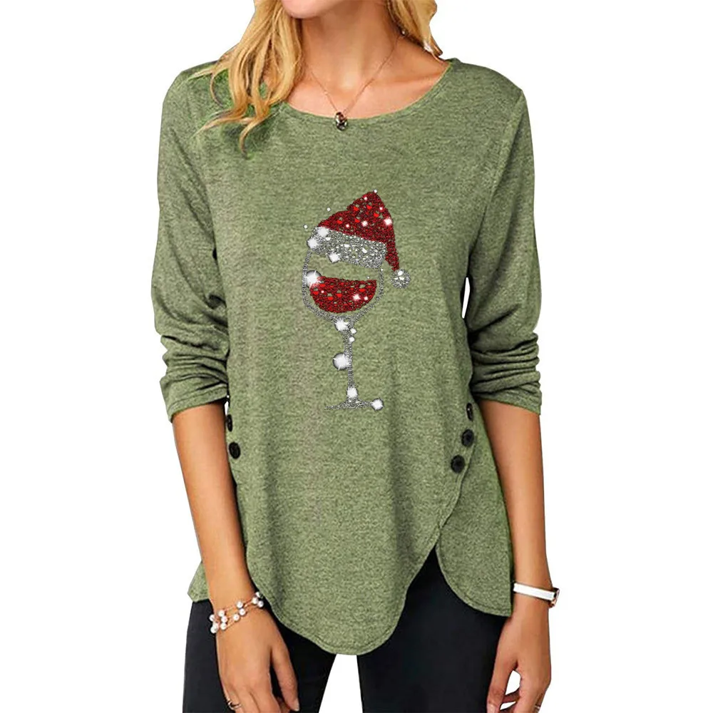 

Women Christmas Tshirts Wine Glass Hat Graphic Asymmetrical Button Down Tees Shirt Female O-neck Long Sleeve Clothes Top