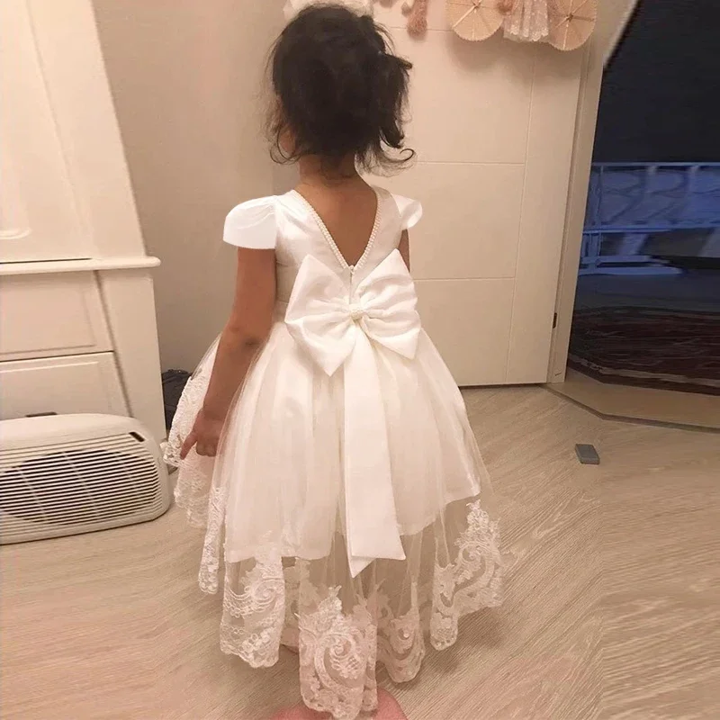 

Baby Girls Dress Beads Bow White Baptism Dress For Baby Girl Tutu 1st Year Birthday Party Dresses Puff Sleeves Toddler Clothes