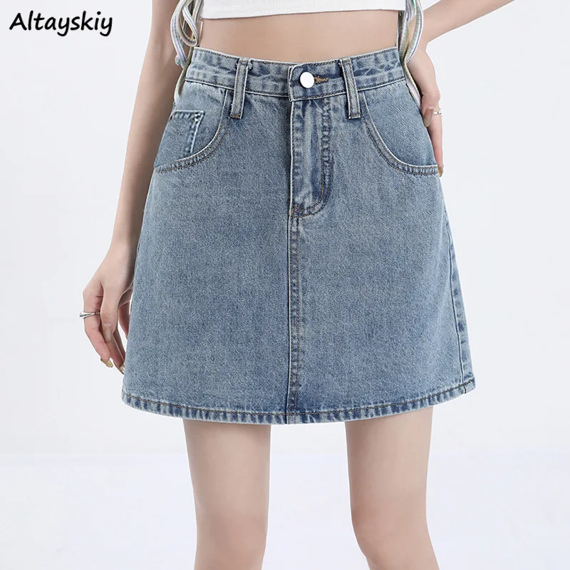 

Женская джинсовая мини-юбка с завышенной талией, универсальная простая джинсовая юбка-трапеция в японском стиле, в стиле ольччан для студентов, весна-лето