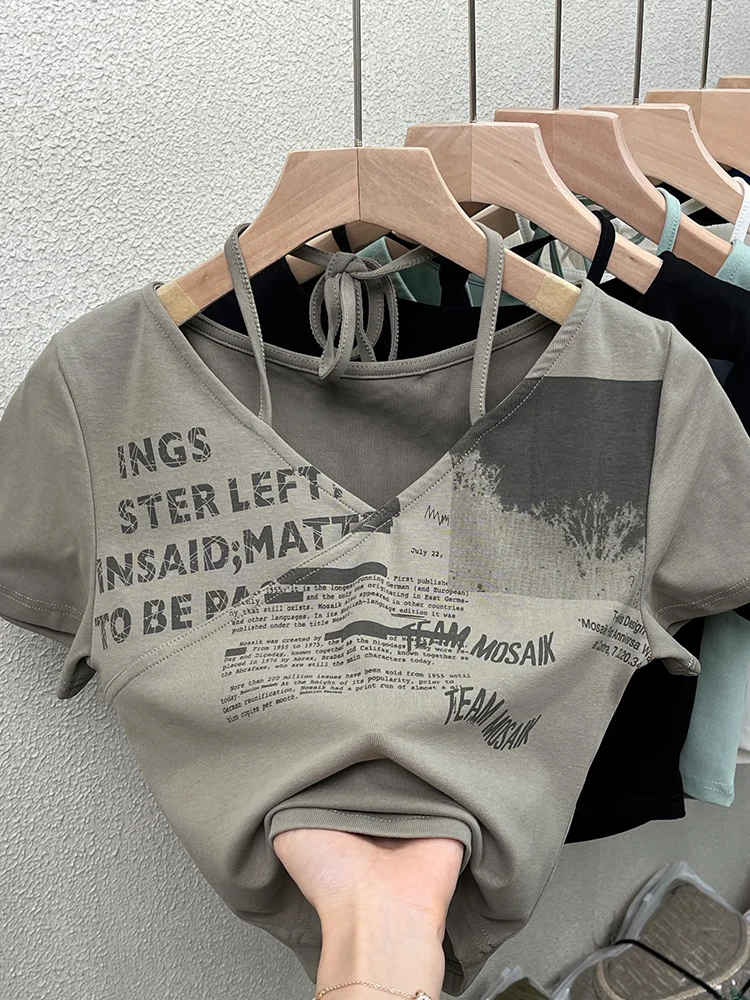 Streetwear Style Letter Print Short Sleeve V-neck Halter T-shirt Top 2023 Women Spring Casual Slim Bottomin Shirt Female Clothes
Streetwear Style Letter Print Short Sleeve V-neck Halter T-shirt Top 2023 Women Spring Casual Slim Bottomin Shirt Female Clothes