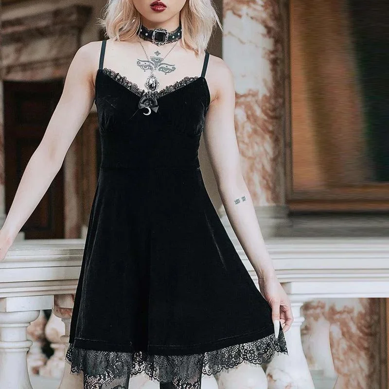 

Black Gothic Dark Eyelash Lace Panel Velvet Strappy Strap Cami Mini Dress Bow and Moon Pendant Detail for Women