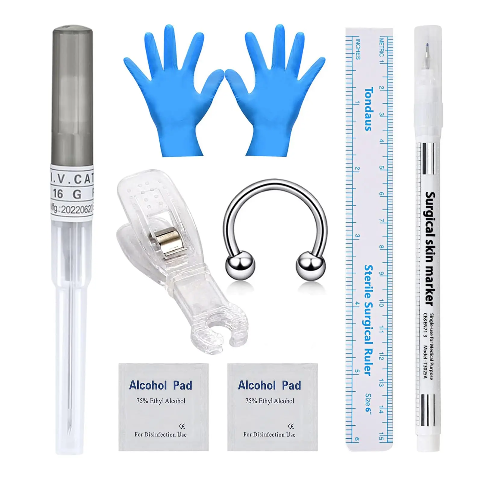 

Self Body Perforation Set Suitable for Ears Nose Lips Tongue Eyebrow Septum Abdominal Catheter Needle with Clip Gloves Jewelry