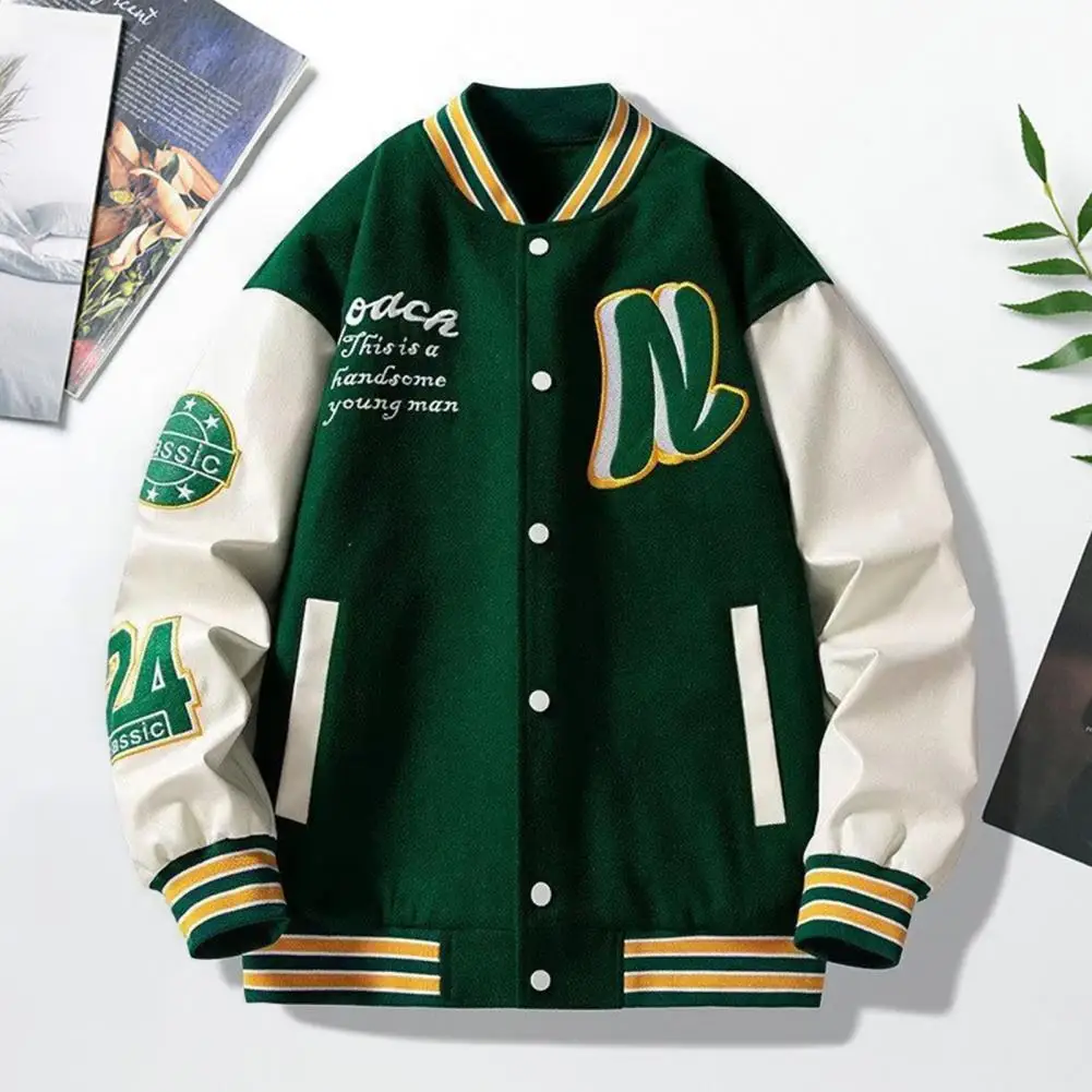 Single-breasted Closure Jacket Men's Stand Collar Striped Letter Pattern Cardigan Coat with Pockets Thick Long Sleeve for Mid
Single-breasted Closure Jacket Men's Stand Collar Striped Letter Pattern Cardigan Coat with Pockets Thick Long Sleeve for Mid