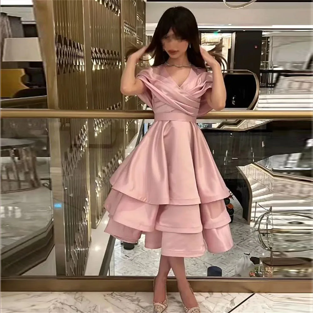 

V-Neck Pleat Prom Gown Tiered Ruffle Tea-Length Party Dress Simple A-line Solid Color Cocktail Dresses فساتين للحفلات الراقصة
