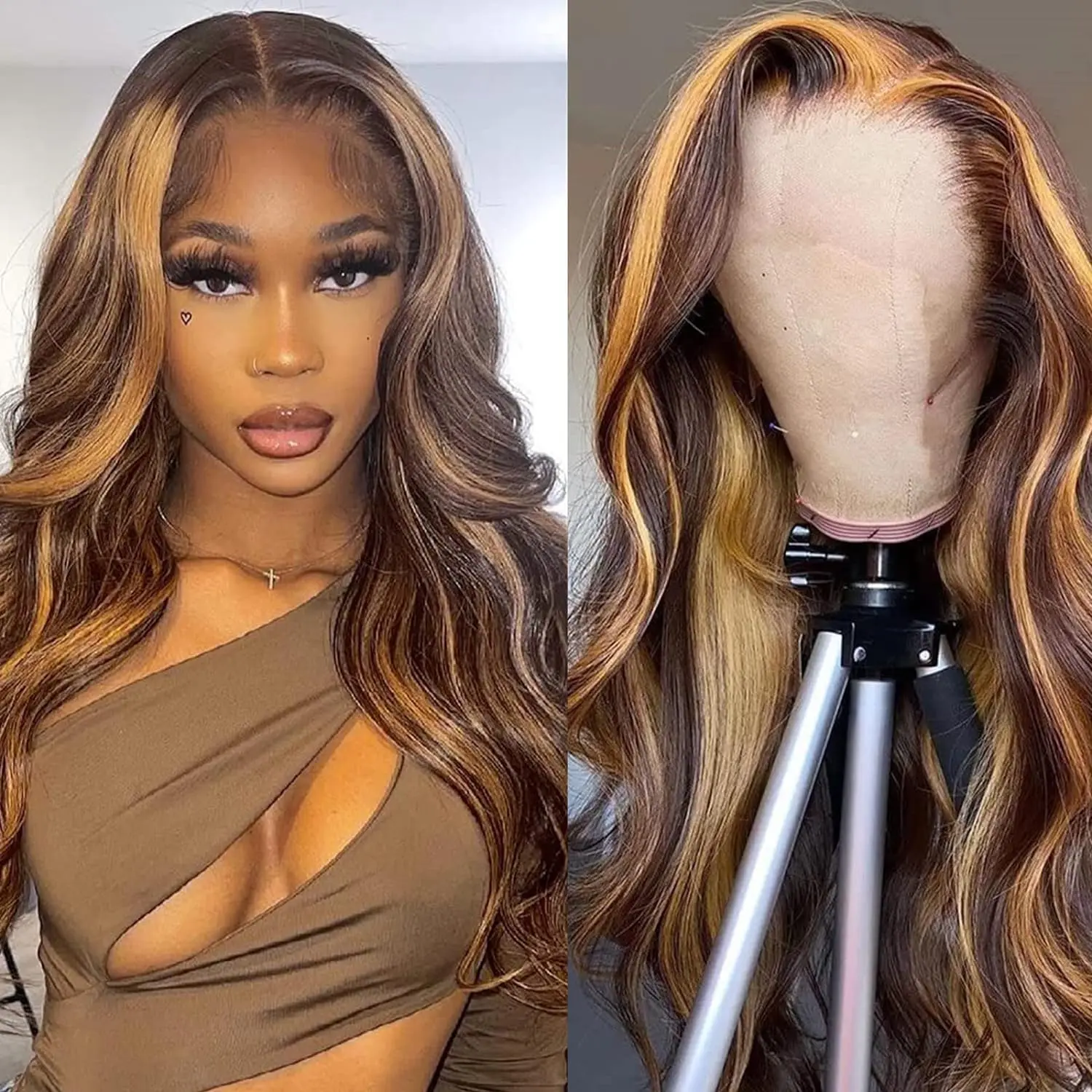 

Honey Blonde Ombre Lace Front Wig Human Hair Pre Plucked 13x4 HD Transparent 4/27 Highlight with Baby Hair 180% Density