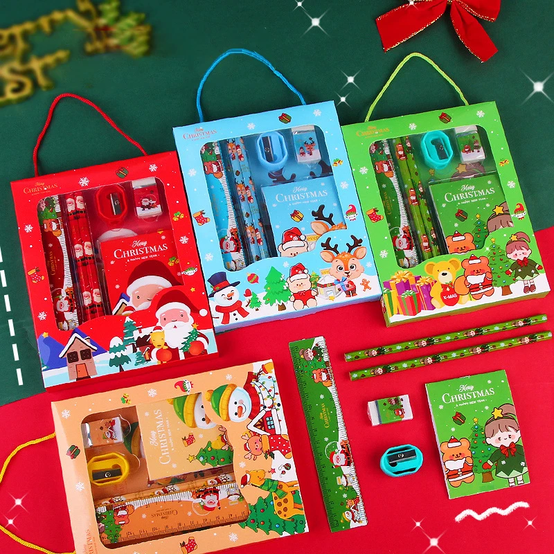 

6Pcs/set Christmas Stationery Series (Ruler +Pencil +Eraser +Pencil Sharpener +Memo pad )Kit Kids Stationery Gifts Students
