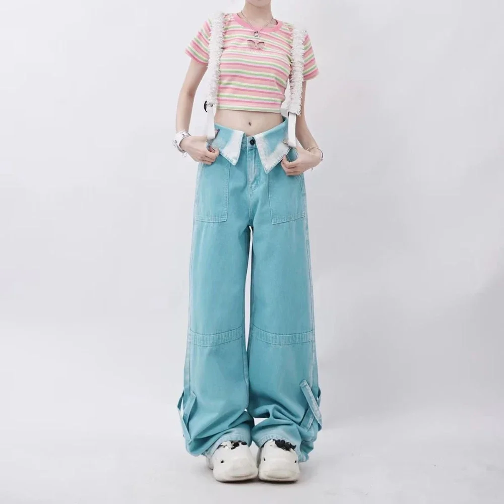 

Pants for Women Blue Womens Jeans Straight Leg with Pockets High Waist Shot Trousers Pant South Korea Baggy Denim Cheap Summer Z