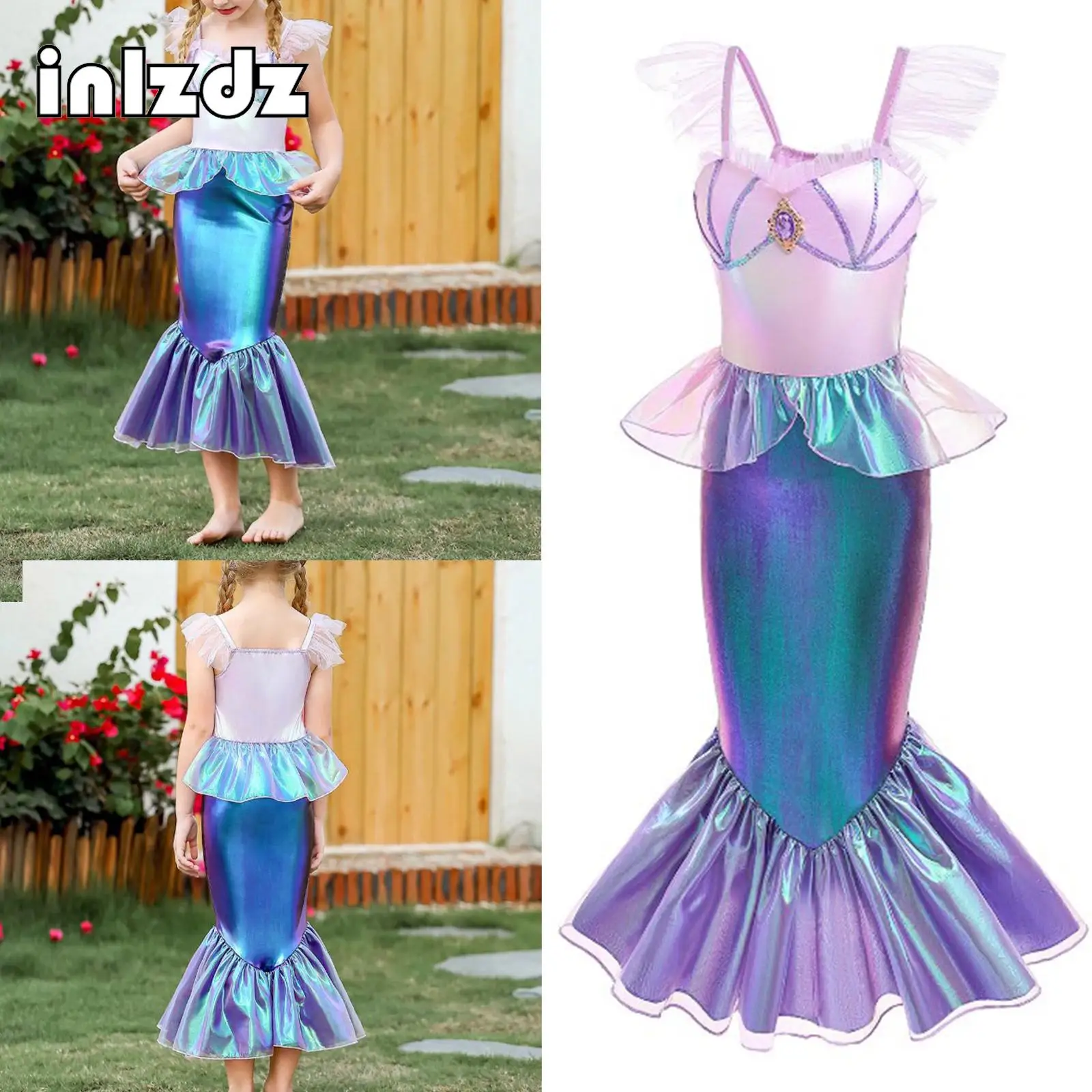 

Kids Girls Shiny Metallic Mermaid Fishtail Skirt Costume Halloween Cosplay Sleeveless Flounce Peplum Dress Performance Dress