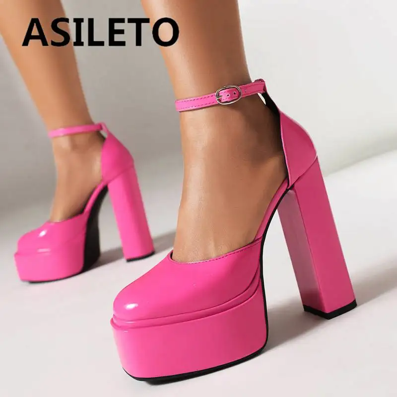 

ASILETO Women Pumps Patent Leather Round Toe Block Heel 14cm Platform Hill 5cm Buckle Strap Sexy Party Shoes Big Size 46 47 48