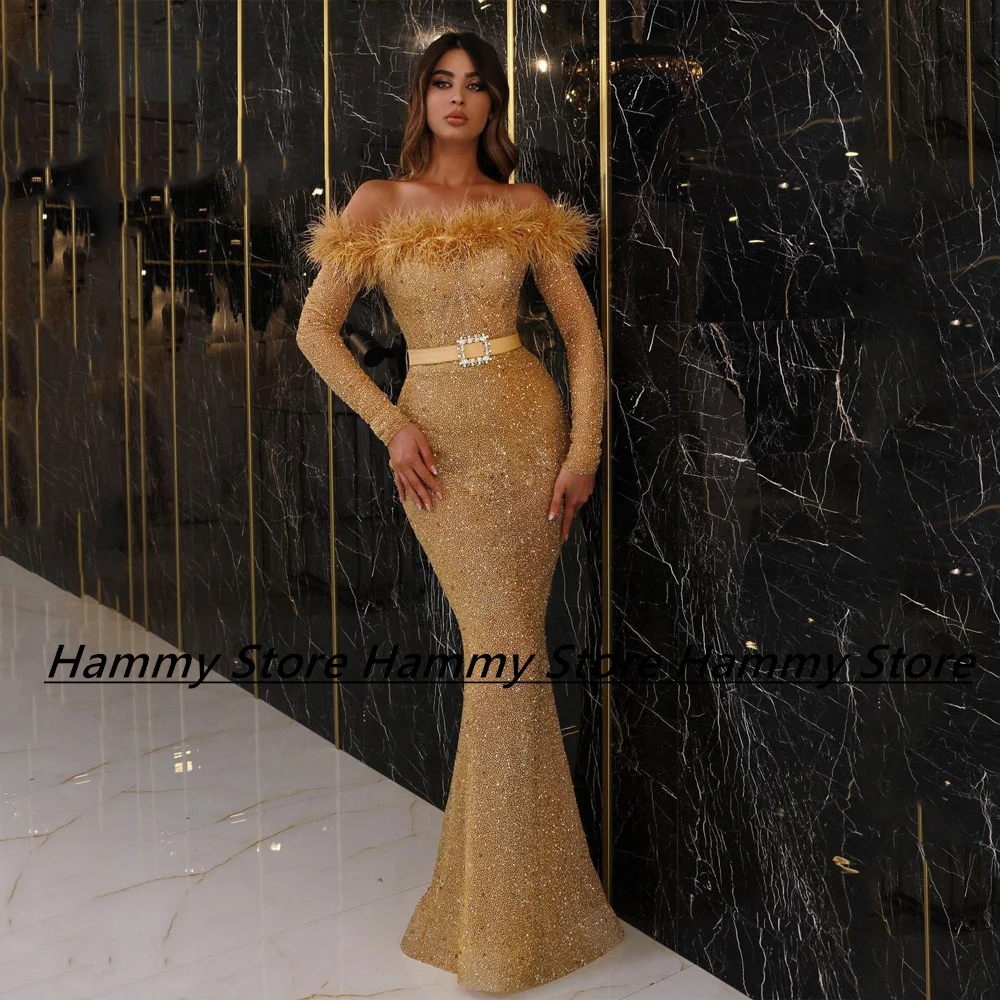 

Yipeisha Feathers Mermaid Evening Dress Boat Neck Long Sleeves Beading Glitter Prom Dresses Pageant Party Gown Robe De Soiree